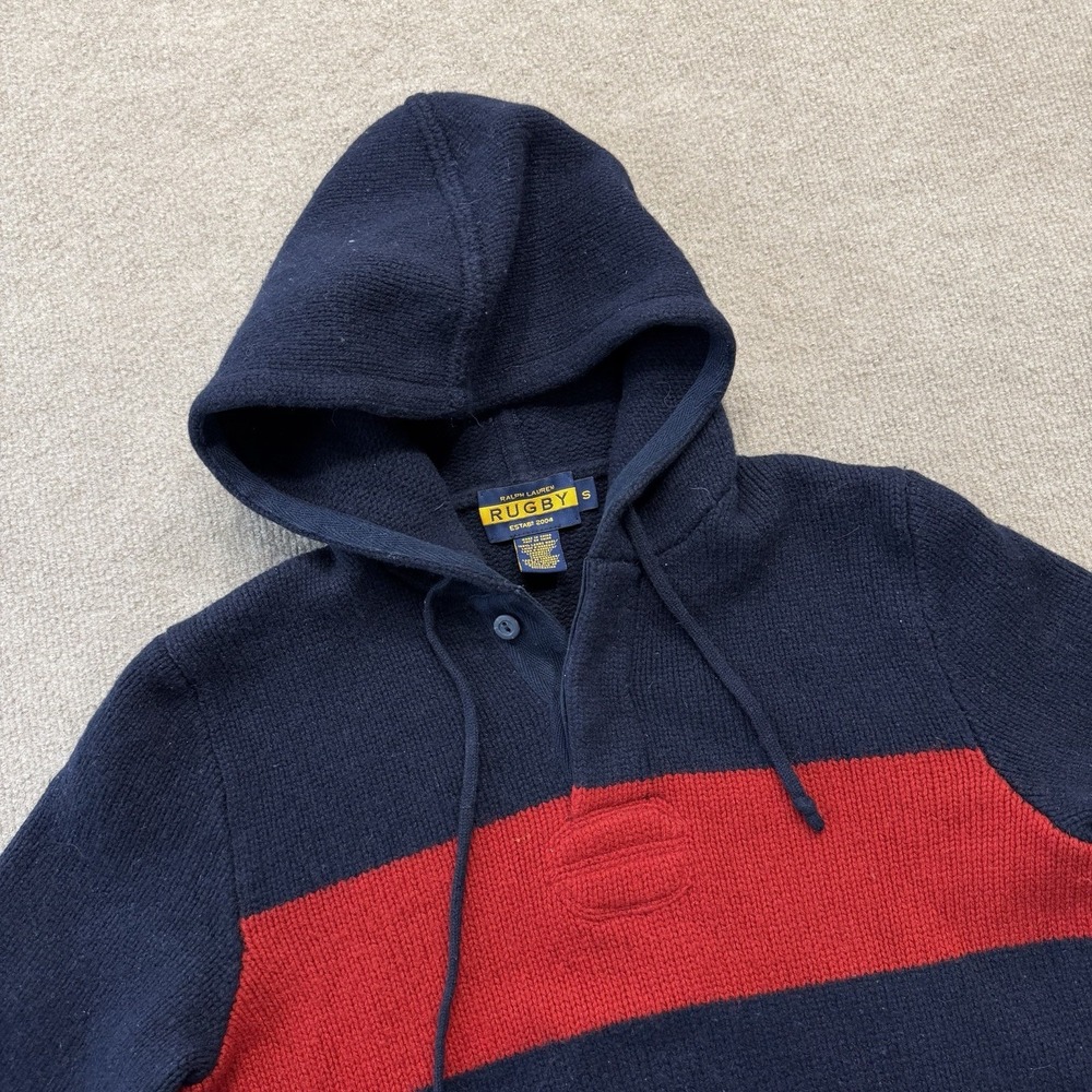 Ralph Lauren Rugby Lambswool‎ Knit Hoodie Pullover Parka S Navy Red